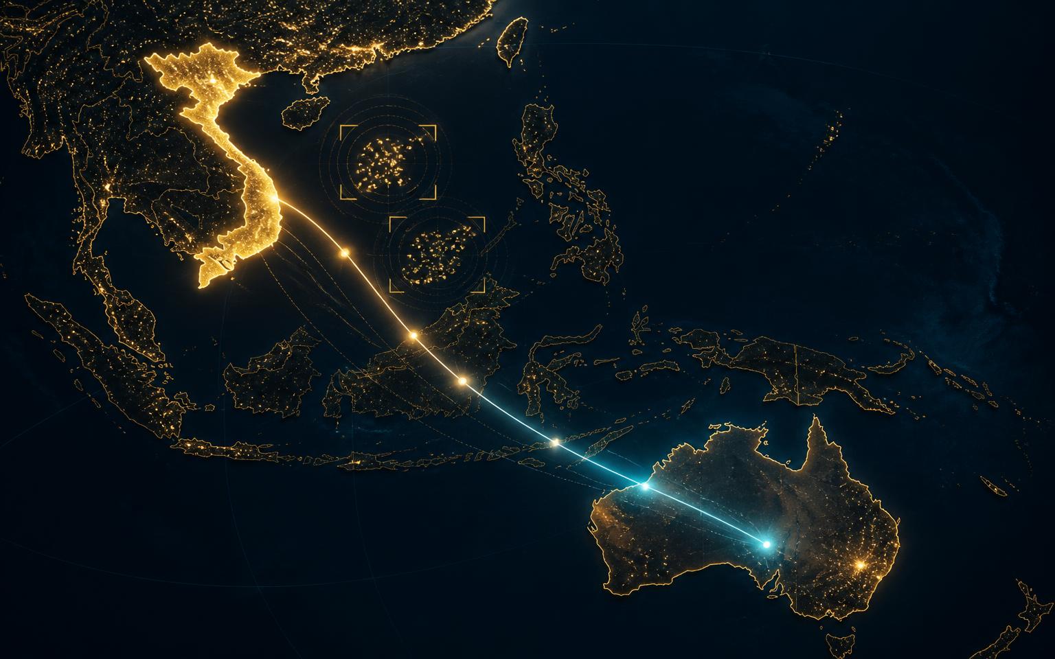 Bản đồ đêm nối Việt Nam — gồm quần đảo Hoàng Sa và Trường Sa — với Australia bằng hành lang ánh sáng vàng và cyan